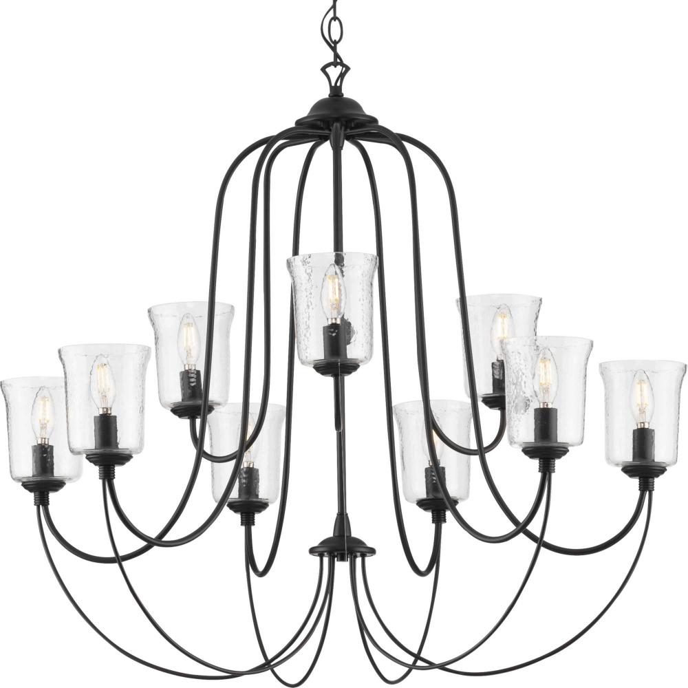 Bowman Collection Nine-Light Matte Black Clear Chiseled Glass Coastal Chandelier Light