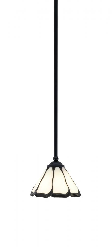 Zilo Stem Mini Pendant, Matte Black Finish, 7" Pearl & Black Flair Art Glass