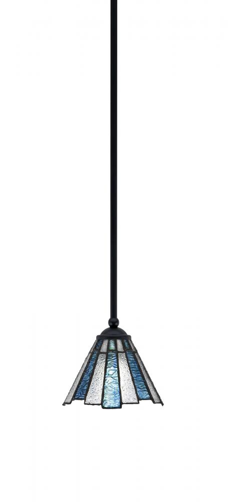 Zilo Stem Mini Pendant, Matte Black Finish, 7" Sea Ice Art Glass