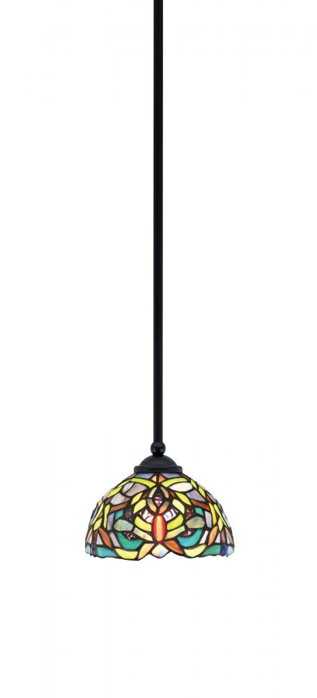 Zilo Stem Mini Pendant, Matte Black Finish, 7" Kaleidoscope Art Glass