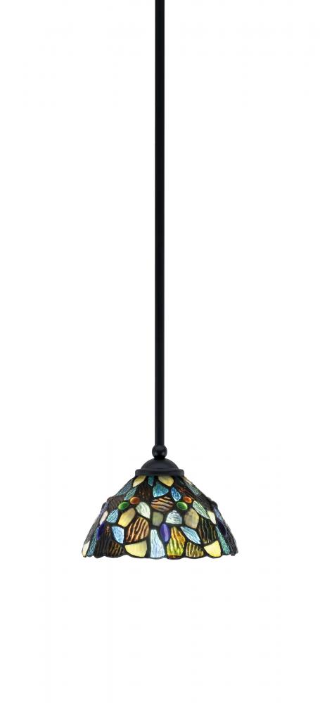 Zilo Stem Mini Pendant, Matte Black Finish, 7" Blue Mosaic Art Glass