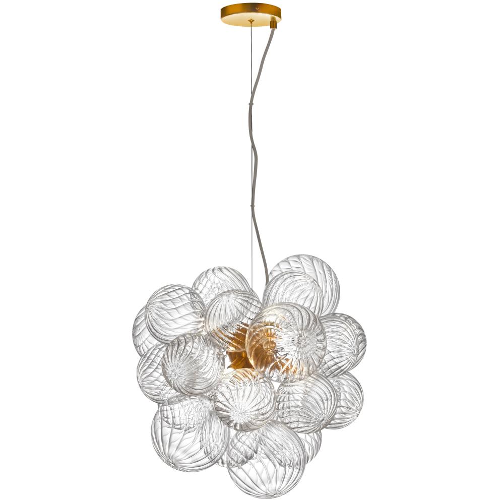 6 Light Halogen Pendant Aged Brass with Clear Spiral Glass