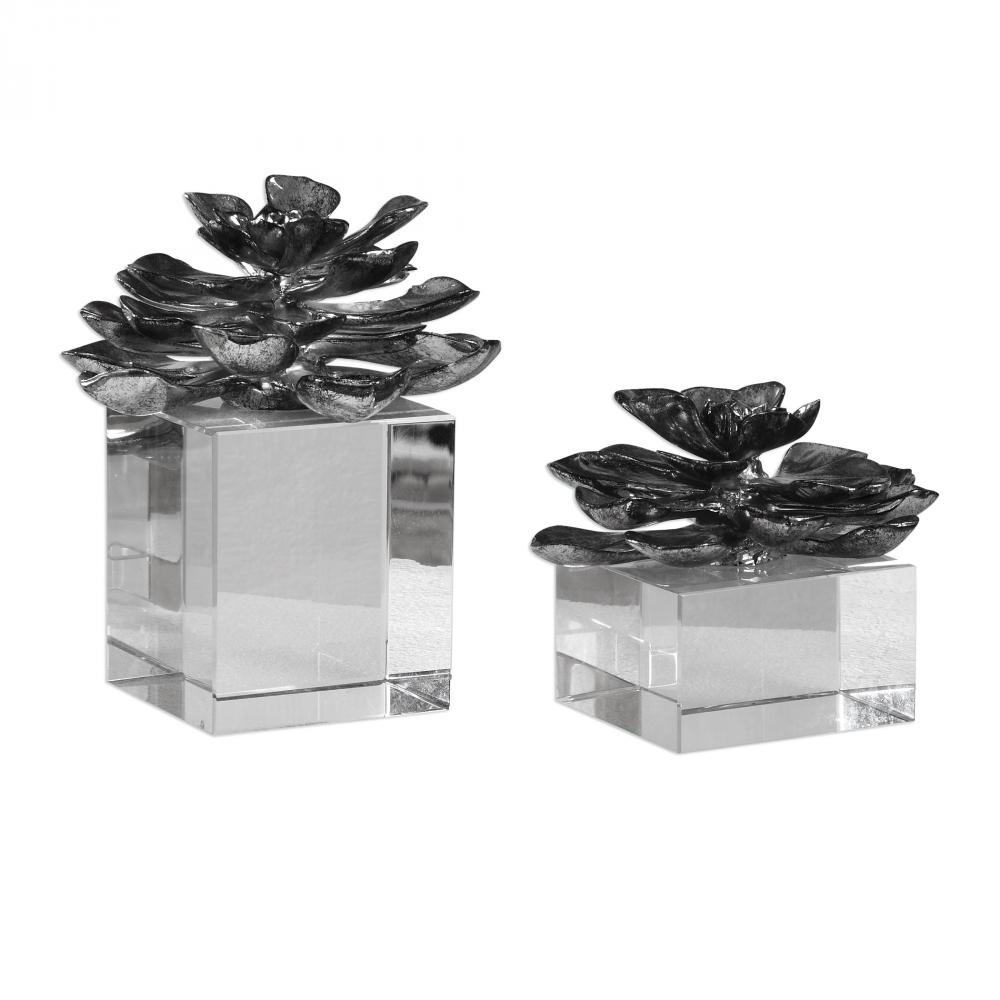 Indian Lotus Metallic Silver Flowers S/2